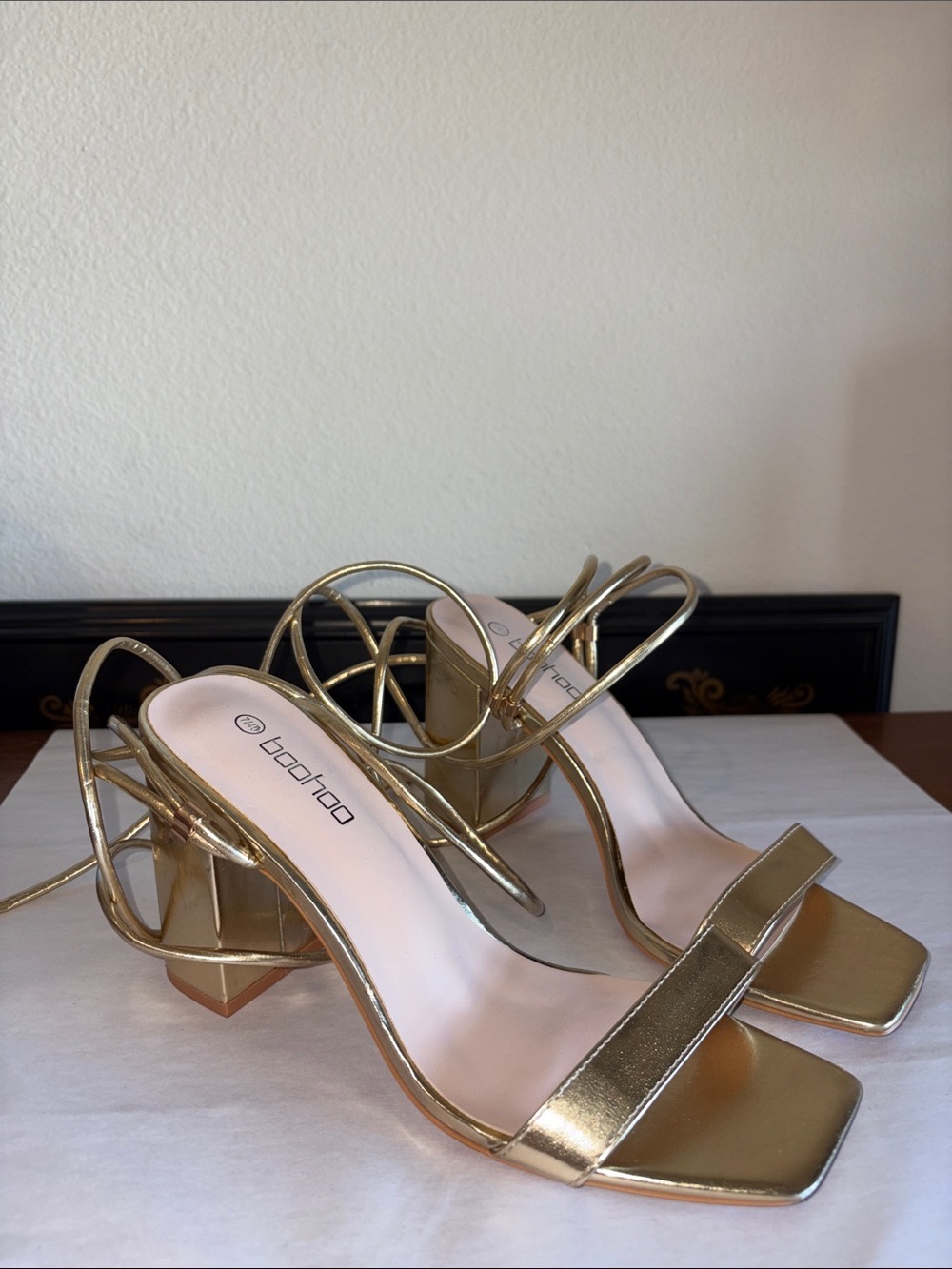 Metallic Gold lace-up 4" heeled Sandals